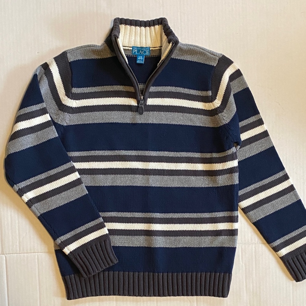 The Children's Place Navy, Gray & Cream Striped Zip-Up Sweater 10-12/L